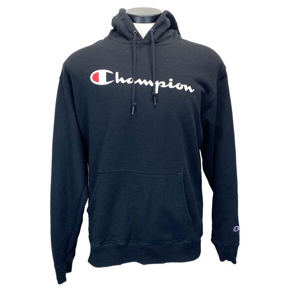 Champion Hoodie Men's Sweatshirt Script Sz L Large Black Pullover RN15763 - Picture 1 of 14